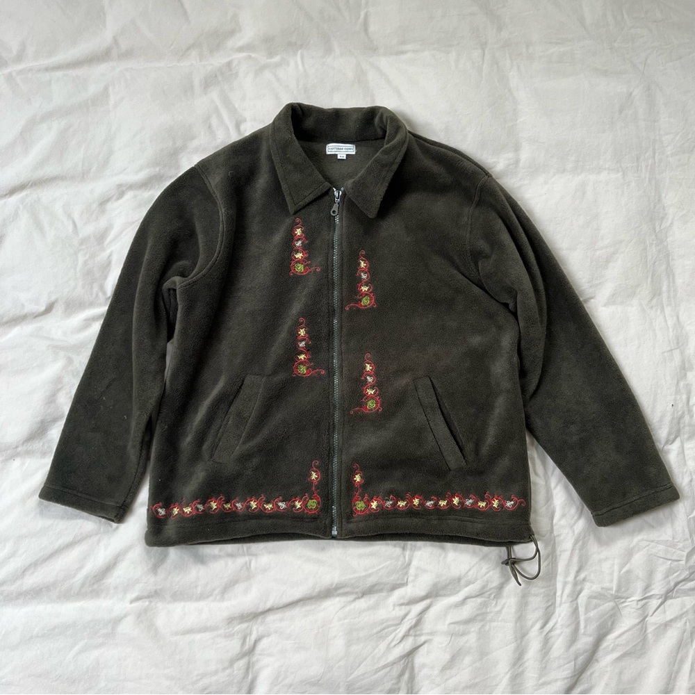 Vintage Cottage Cove Embroidered Green Zip-Up‎ Fleece